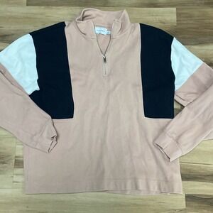 Topman Quarter Zip Pullover Size L Colorblock Cotton Mock Neck Pink Navy White